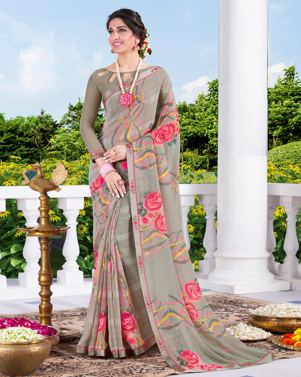 Vishal Prints Sand Grey Digital Print Georgette Saree With Fancy Border