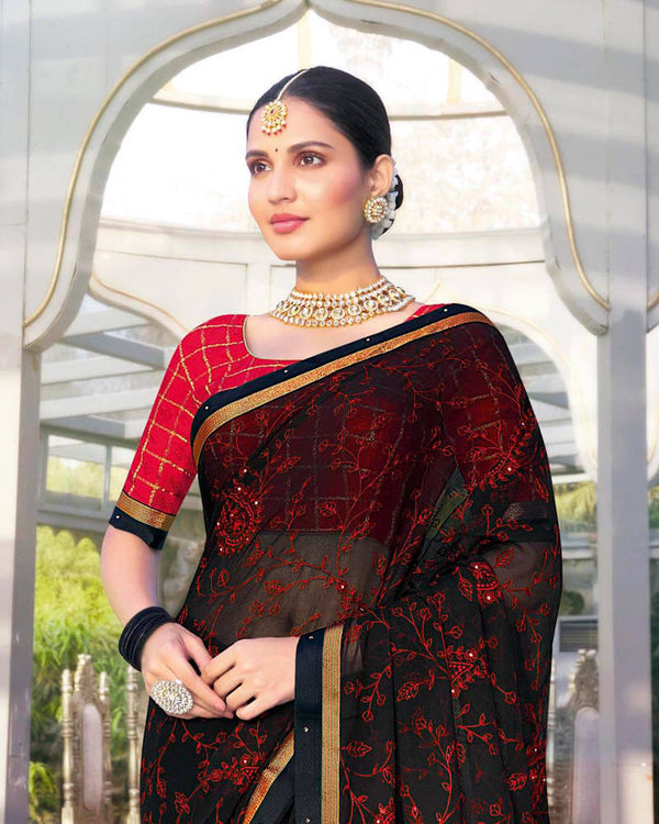 Vishal Prints Black Chiffon Saree With Embroidery Work And Fancy Border