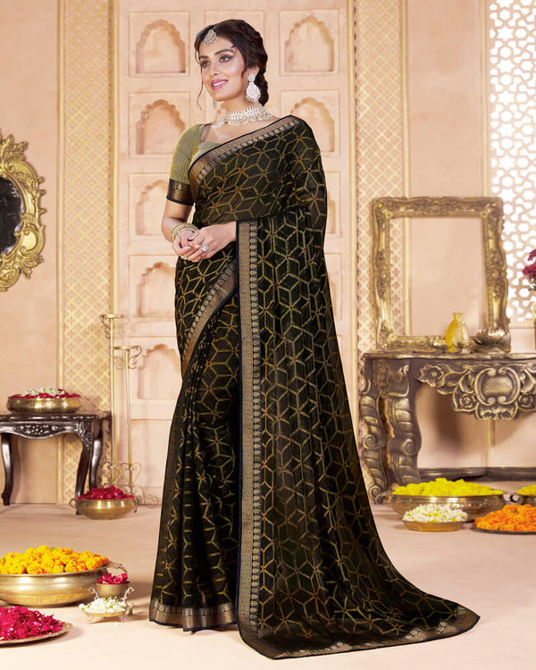 Vishal Prints Black Brasso Saree With Zari Border