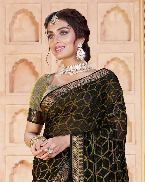 Vishal Prints Black Brasso Saree With Zari Border