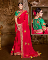 Vishal Prints Pinkish Red Art Silk Saree With Embroidery Work