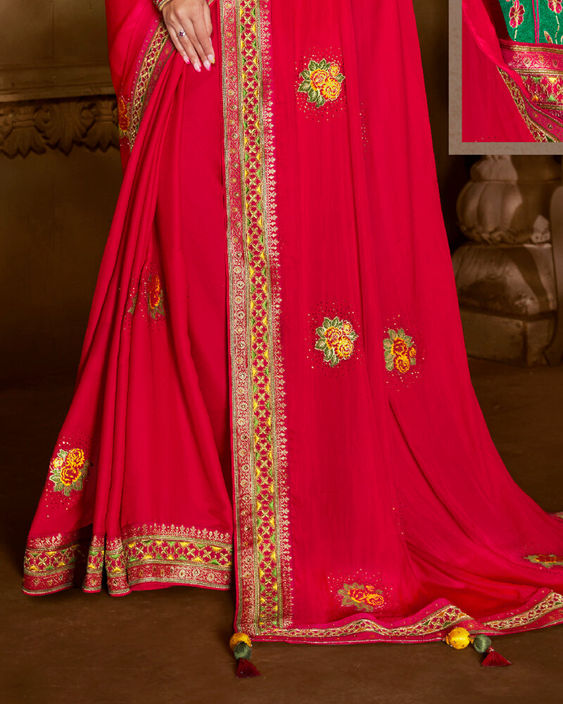 Vishal Prints Pinkish Red Art Silk Saree With Embroidery Work