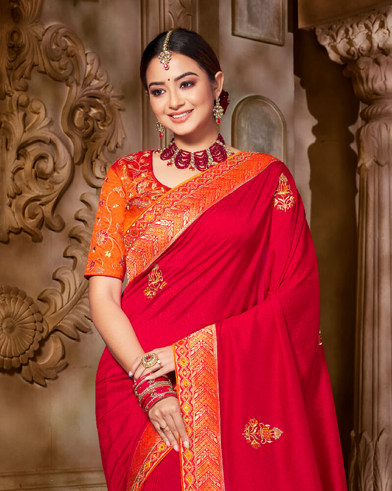 Vishal Prints Cherry Red Art Silk Saree With Embroidery Work