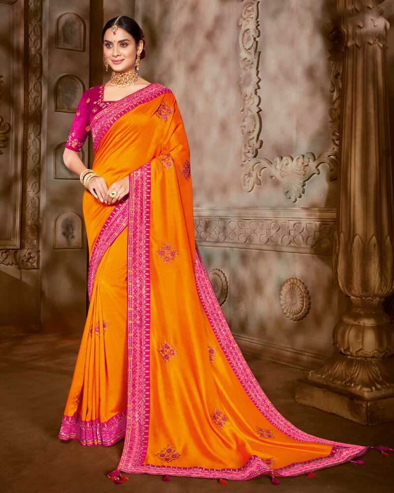 Vishal Prints Yellowish Orange Art Silk Saree With Embroidery Work