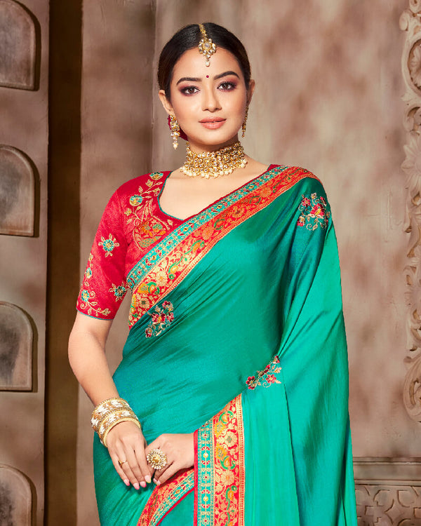 Vishal Prints Aqua Green Art Silk Saree With Embroidery Work