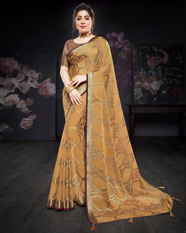 Vishal Prints Sand Brown Brasso Saree With Foil Print And Tassel