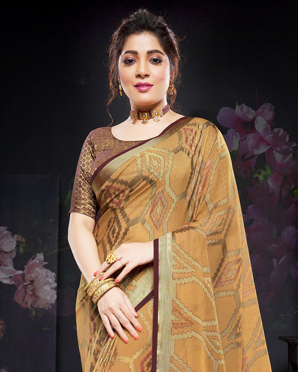 Vishal Prints Sand Brown Brasso Saree With Foil Print And Tassel