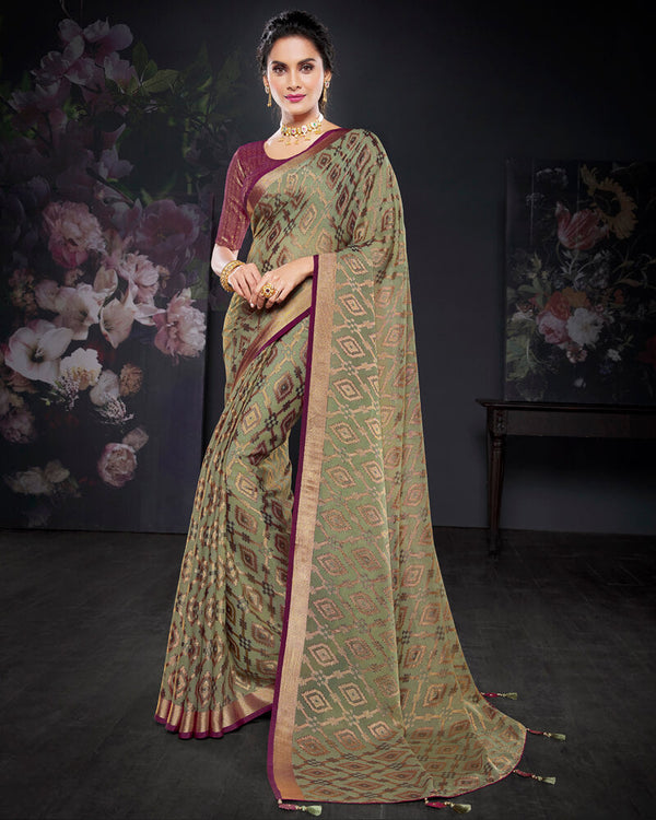 Vishal Prints Sage Green Brasso Saree With Foil Print And Tassel