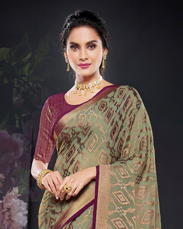 Vishal Prints Sage Green Brasso Saree With Foil Print And Tassel