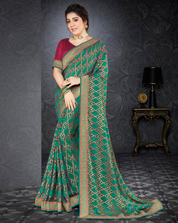 Vishal Prints Teal Green Brasso Saree With Jari Border And Foil Print