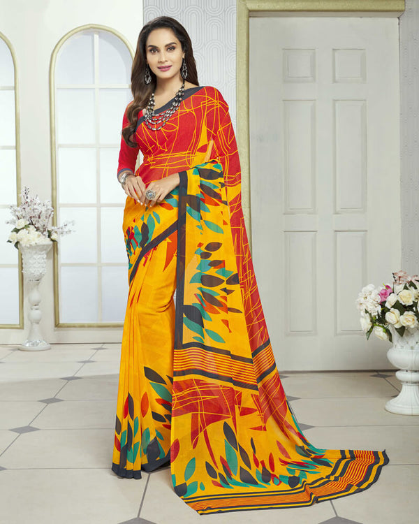 Vishal Prints Yellow And Red Printed Georgette Saree