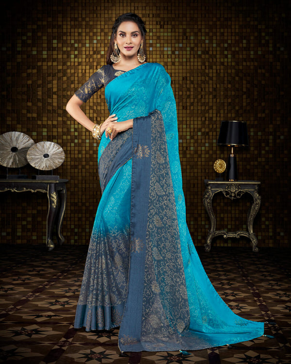 Vishal Prints Pastel Blue Brasso Saree With Foil Print And Tassel