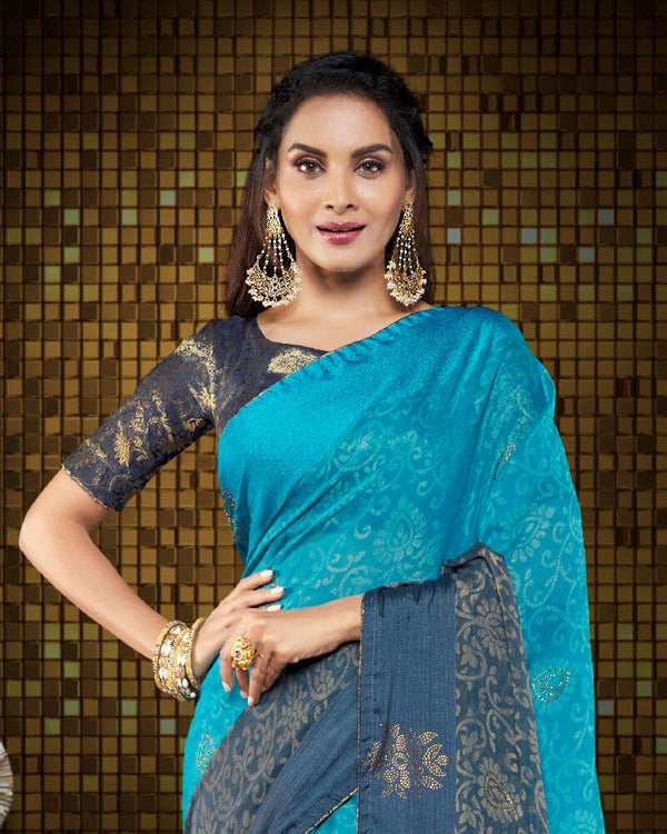 Vishal Prints Pastel Blue Brasso Saree With Foil Print And Tassel