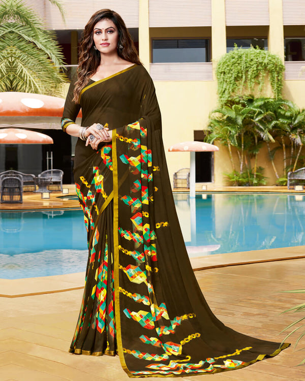 Vishal Prints Brown Digital Print Georgette Saree With Piping