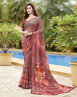 Vishal Prints Brick Red Digital Print Georgette Saree With Piping