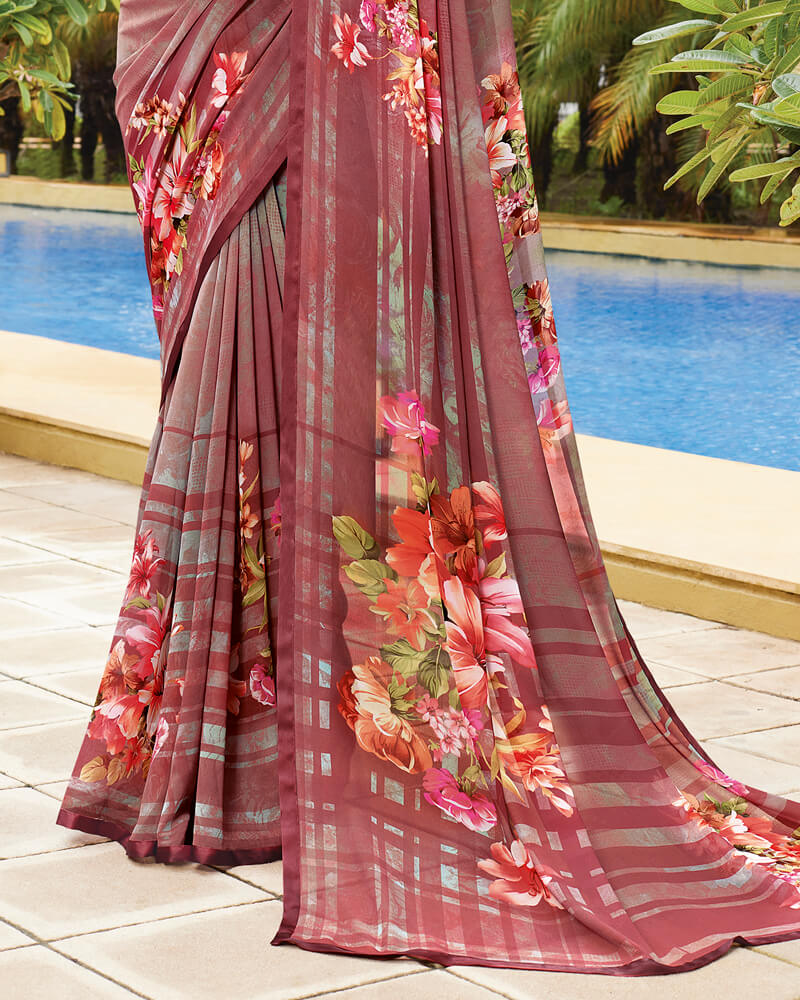 Vishal Prints Brick Red Digital Print Georgette Saree With Piping