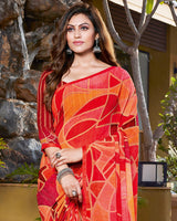 Vishal Prints Cherry Red Digital Print Georgette Saree With Piping