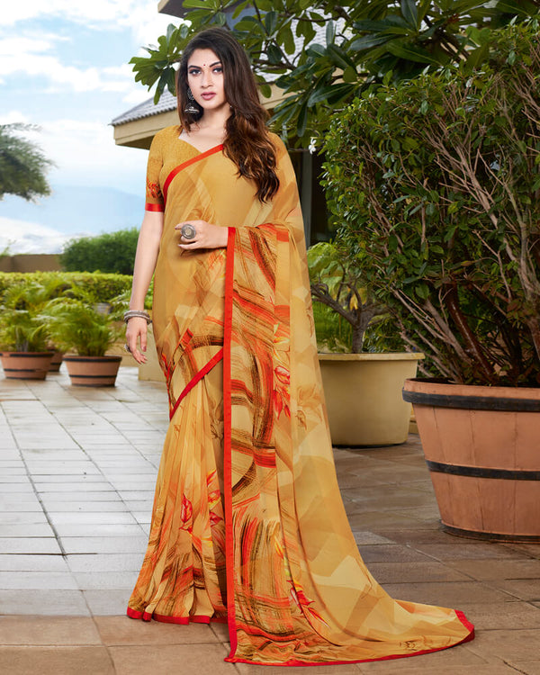 Vishal Prints Sand Brown Digital Print Georgette Saree With Piping