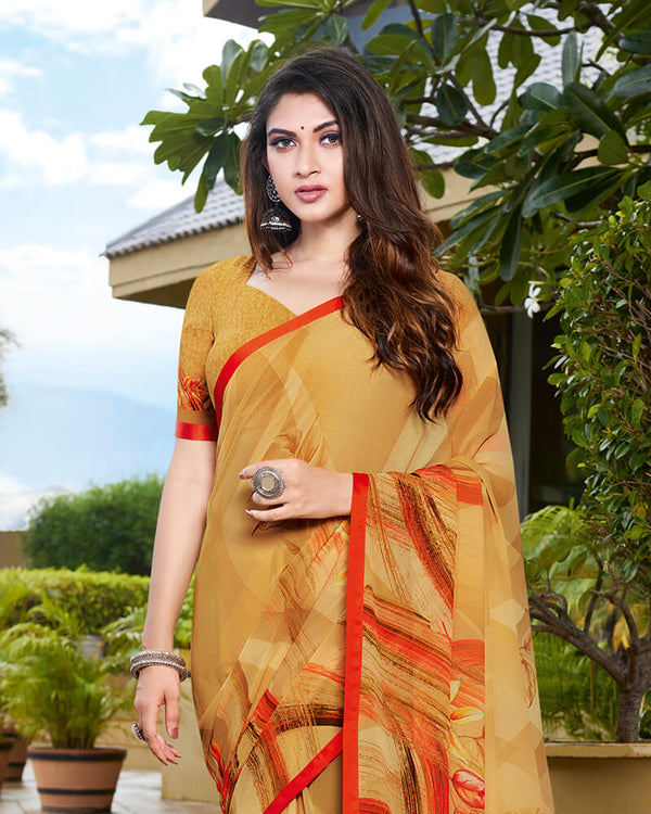 Vishal Prints Sand Brown Digital Print Georgette Saree With Piping