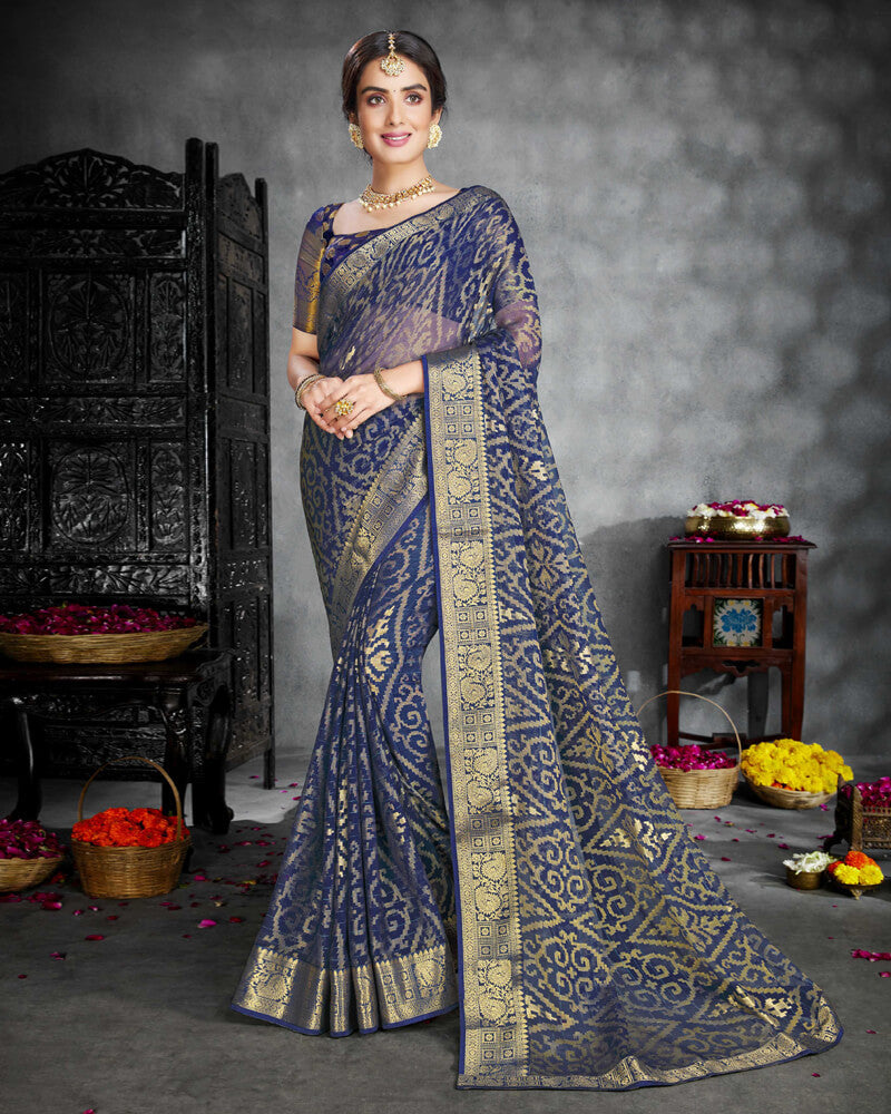 Vishal Prints Dark Navy Blue Brasso Saree With Foil Print And Jari Border