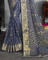 Vishal Prints Dark Navy Blue Brasso Saree With Foil Print And Jari Border