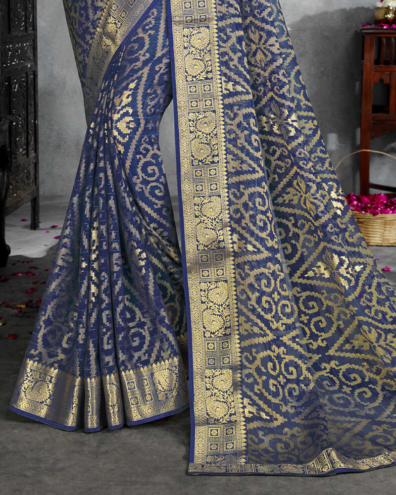 Vishal Prints Dark Navy Blue Brasso Saree With Foil Print And Jari Border