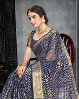 Vishal Prints Dark Navy Blue Brasso Saree With Foil Print And Jari Border