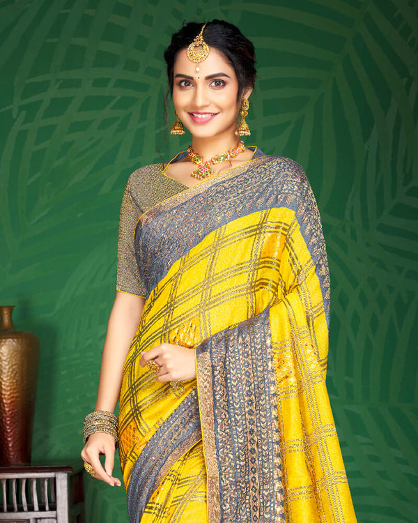 Vishal Prints Yellow And Cool Grey Brasso Saree With Foil Print And Jari Border