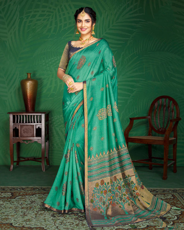 Vishal Prints Aqua Green And Navy Blue Brasso Saree With Foil Print And Jari Border