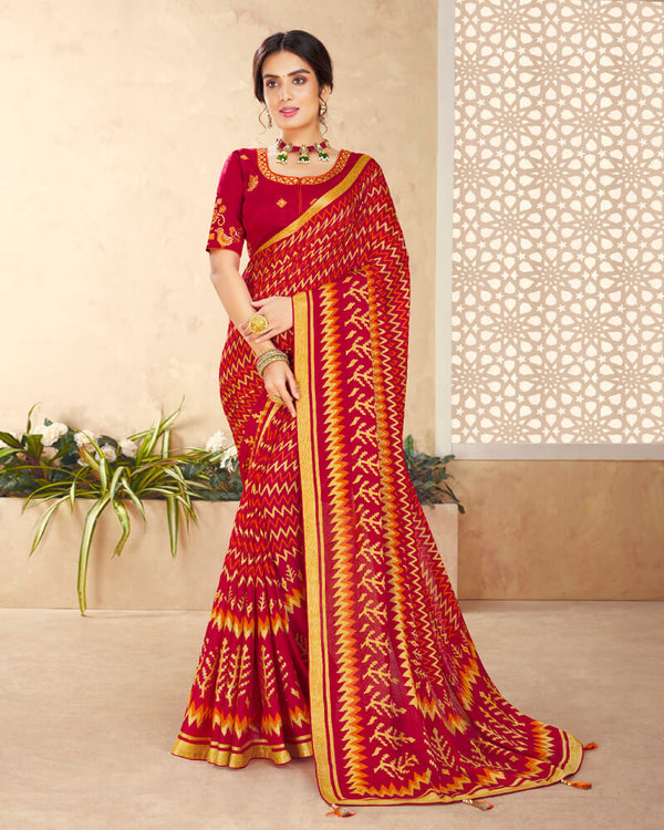 Vishal Prints Cherry Red Brasso Saree With Foil Print And Tassel