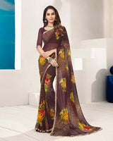 Vishal Prints Brown Printed Georgette Saree With Piping