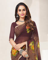 Vishal Prints Brown Printed Georgette Saree With Piping