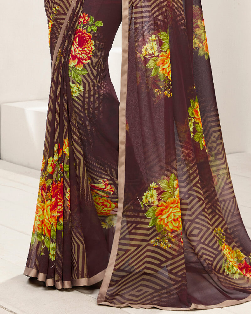 Vishal Prints Brown Printed Georgette Saree With Piping