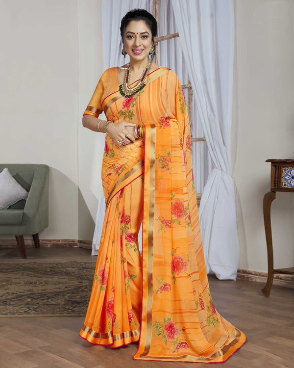 Vishal Prints Saffron Colour Printed Georgette Saree With Border