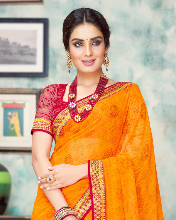 Vishal Prints Orange And Cherry Red Chiffon Saree With Foil Print And Jari Border