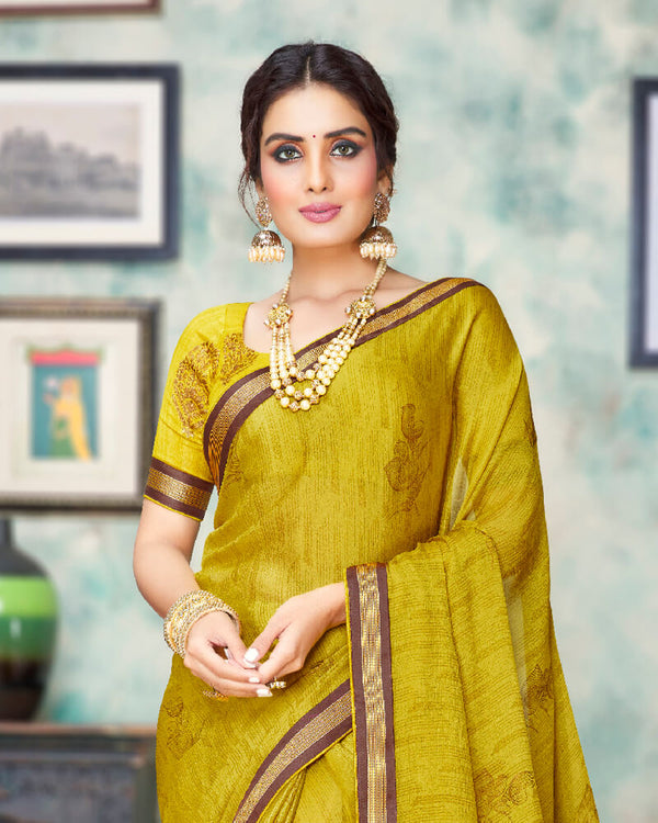 Vishal Prints Olive Yellow And Brown Chiffon Saree With Foil Print And Jari Border