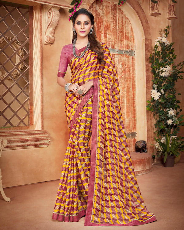 Vishal Prints Burgandy And Golden Yellow Printed Georgette Saree With Piping