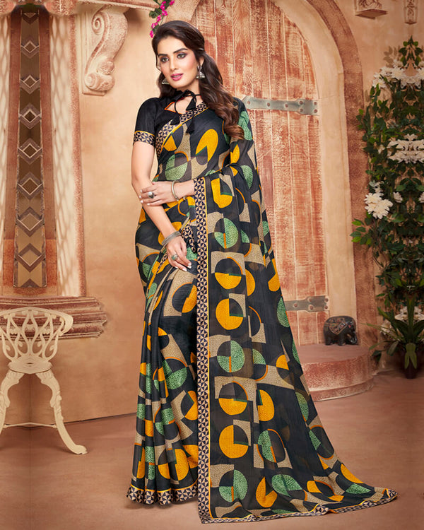 Vishal Prints Black An Dark Yellow Printed Georgette Saree With Piping