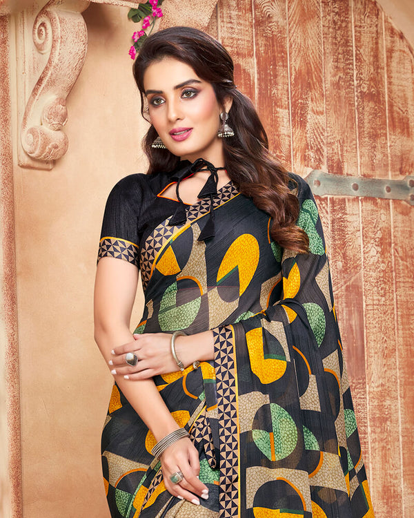 Vishal Prints Black An Dark Yellow Printed Georgette Saree With Piping