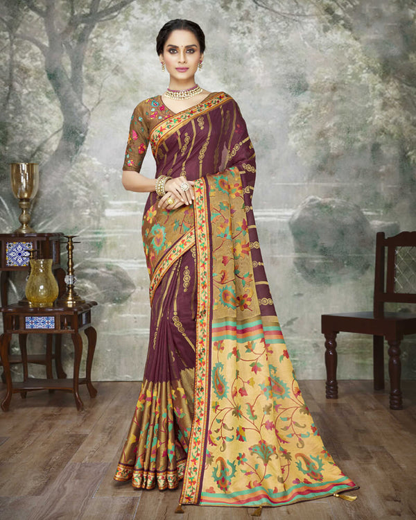 Vishal Prints Wine Brasso Saree With Foil Print