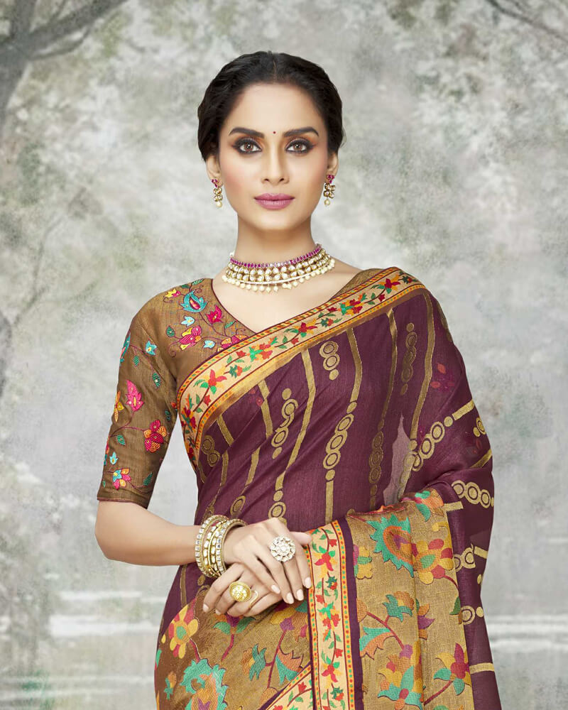 Vishal Prints Wine Brasso Saree With Foil Print