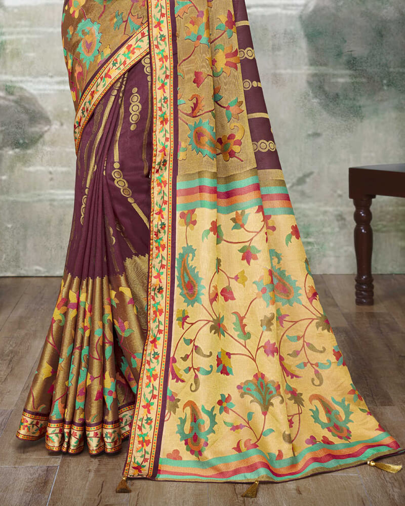 Vishal Prints Wine Brasso Saree With Foil Print