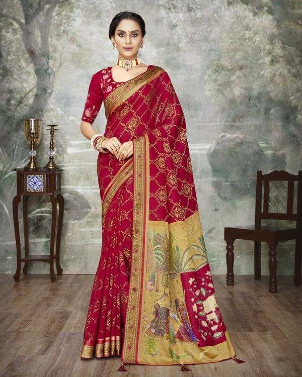 Vishal Prints Cherry Red Brasso Saree With Foil Print