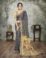 Vishal Prints Navy Blue Brasso Saree With Foil Print