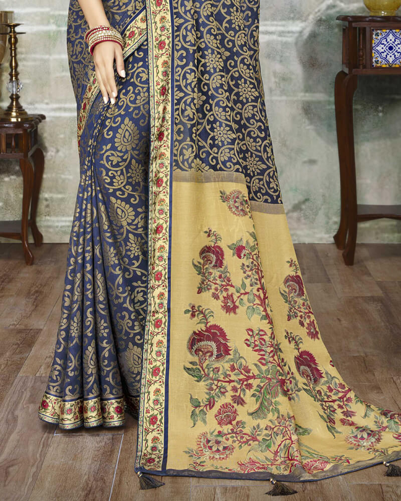 Vishal Prints Navy Blue Brasso Saree With Foil Print