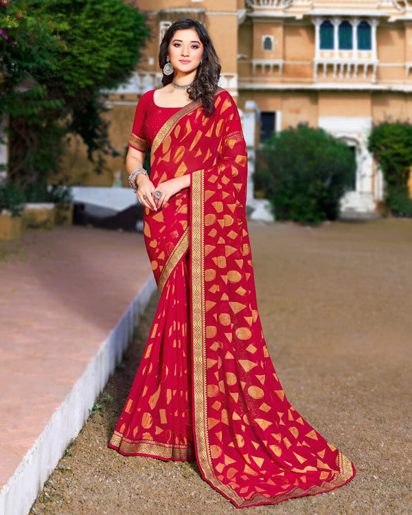 Vishal Prints Cherry Red Brasso Saree With Foil Print