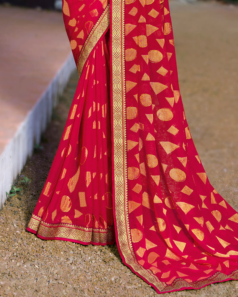 Vishal Prints Cherry Red Brasso Saree With Foil Print