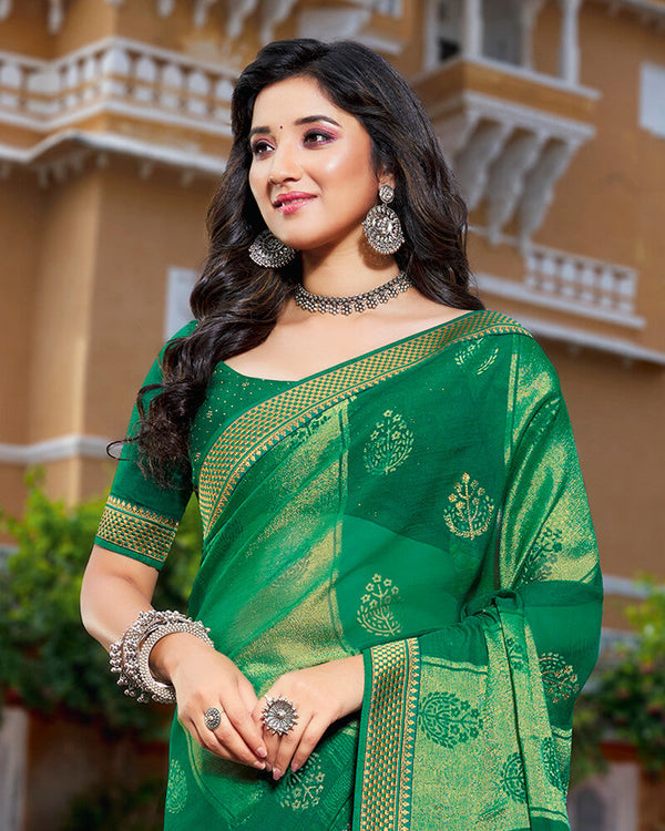 Vishal Prints Dark Green Brasso Saree With Foil Print