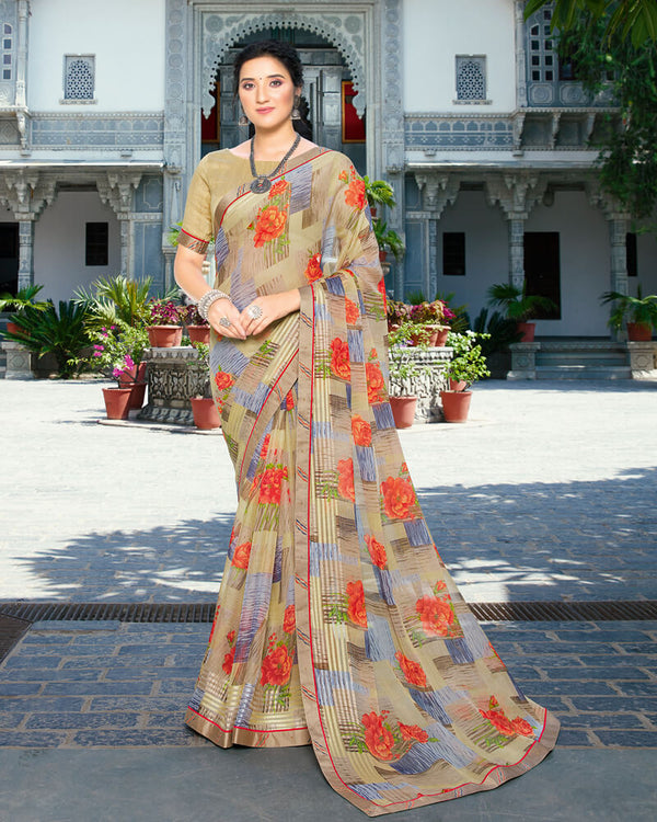 Vishal Prints Sand Grey And Orange Printed Chiffon Saree