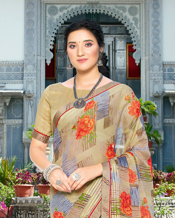 Vishal Prints Sand Grey And Orange Printed Chiffon Saree